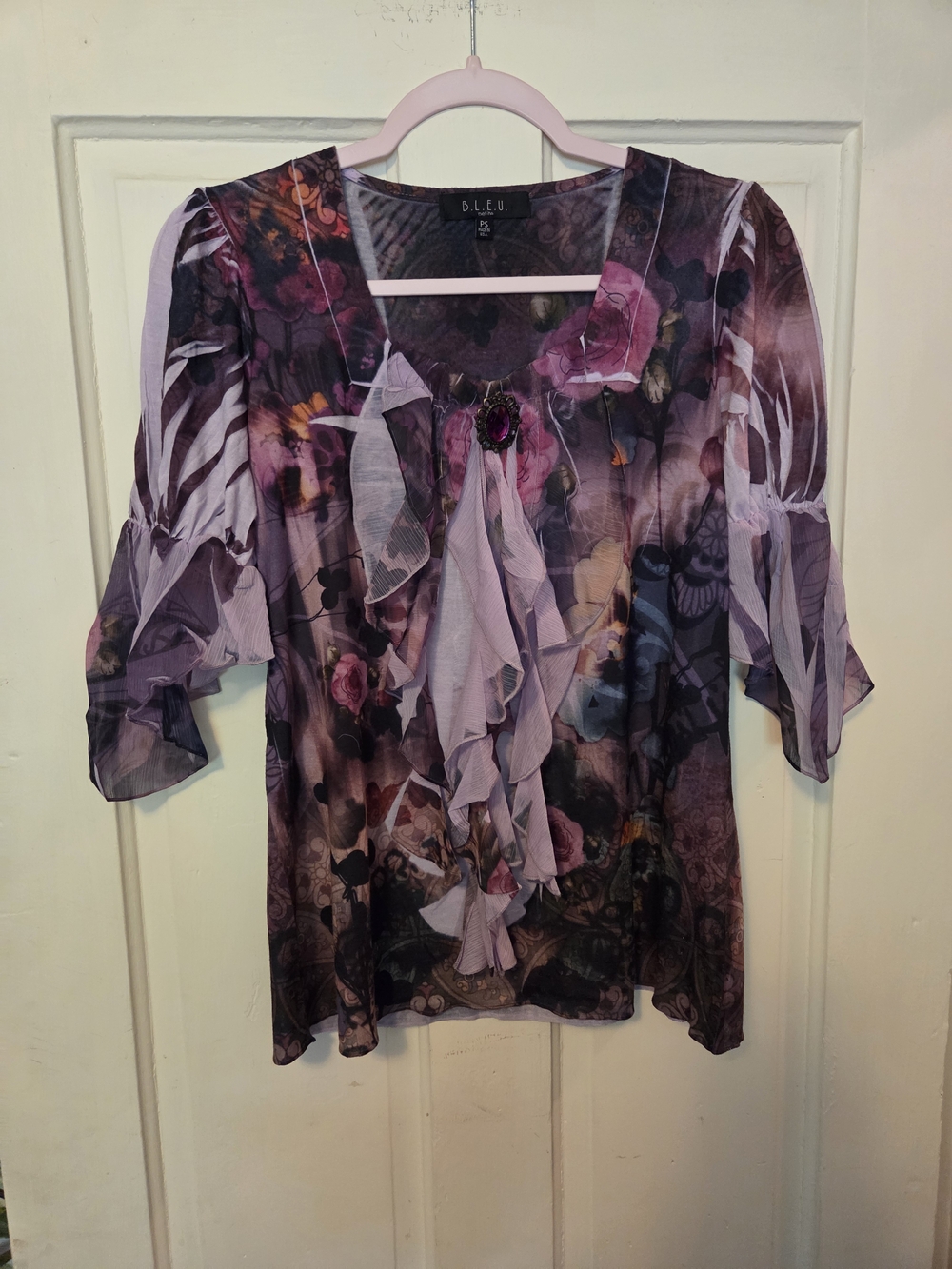 B.L.E.U. Women's Purple Floral Ruffle Blouse
